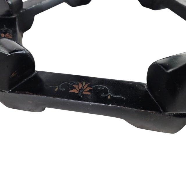Mid-Century Chinese Lacquered Hexagon Side Table – 18” Floral Inlay Accent For Sale - Image 10 of 11