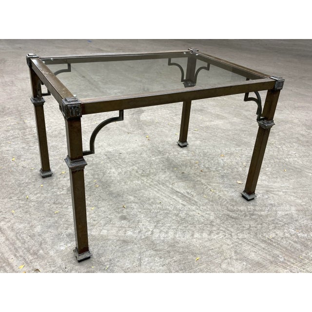 Metal Mastercraft Aged Brass & Glass End Table With Fretwork For Sale - Image 7 of 13
