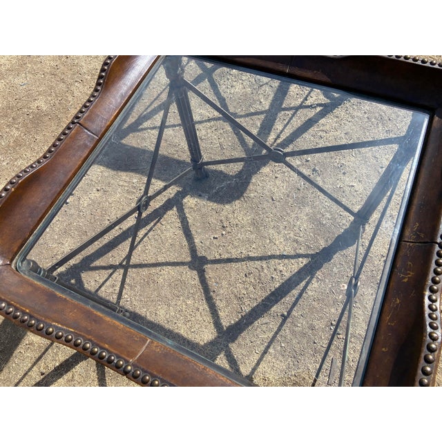 Art Nouveau Vintage Attributed to Matiland Smith Nail Head Leather and Glass End Side Tables À Pair For Sale - Image 3 of 18