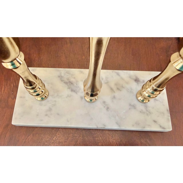 Hollywood Regency Brass Three-Candle Candelabra on White Marble Base For Sale In Charleston - Image 6 of 11