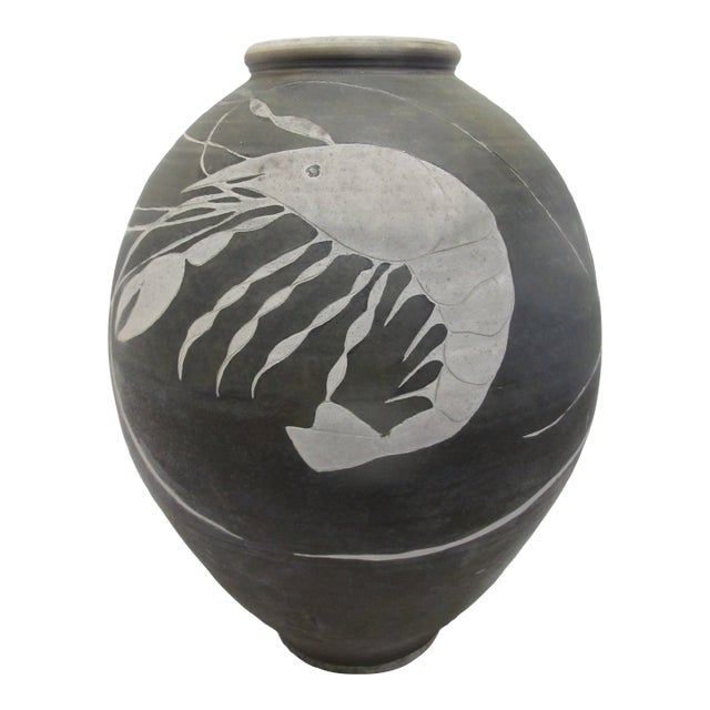 Large Japanese Raku Studio Pottery Shrimp Crustacean Ovid Vase For Sale