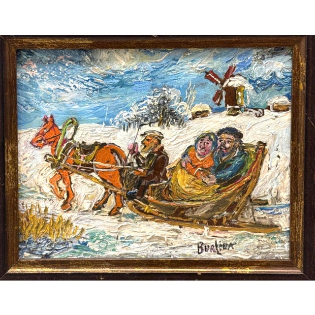 Winter Scene of Couple in a Sleigh by David Burliuk (Ukrainian, 1882-1967). The painting depicts a couple seated closely...