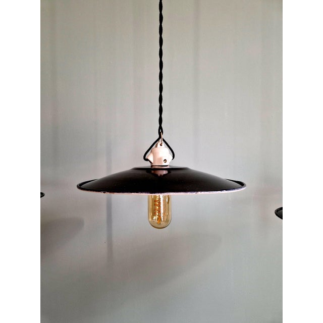 Metal Vintage Industrial Pendant Lights in Black Enameled Sheet Metal, 1940s, Set of 3 For Sale - Image 7 of 17