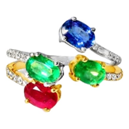 Late 20th Century 18K Gold Diamond Ruby Emerald Sapphire Duo Bypass Ring Estate, Size 7.5 For Sale