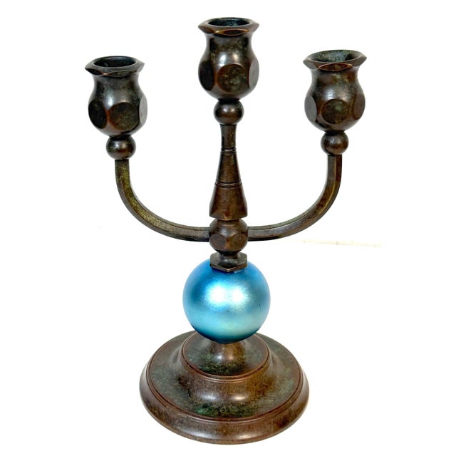 Pair Tiffany Studios No. 1312 Patinated Bronze & Blue Favrile Glass Candelabra For Sale - Image 4 of 16