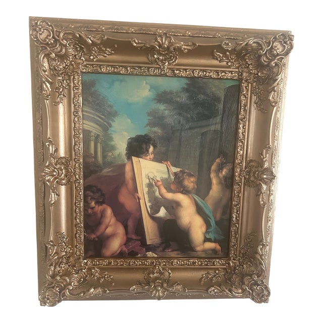 Beautiful Vintage Oil Painting on Canvas of Cherubs in Ornate Gold Wood Frame For Sale