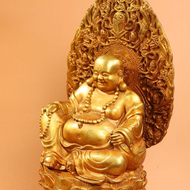 Bronze Late 20th Century Gilded Bronze Laughing Buddha Statue on Lotus Throne For Sale - Image 8 of 9