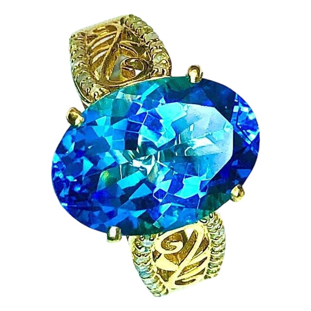 Bochic "Capri" Vintage Blue Topaz & Diamonds Retro Ring 18K Gold & Silver For Sale