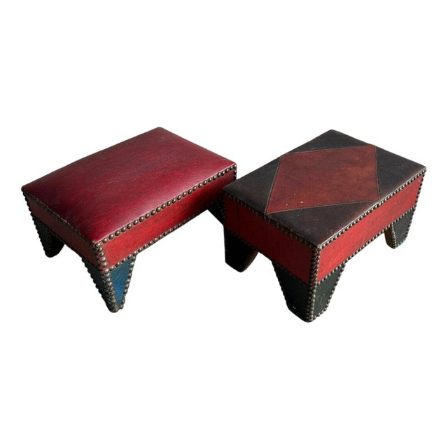 Leather Poufs with Nailed Seam, Set of 2 For Sale