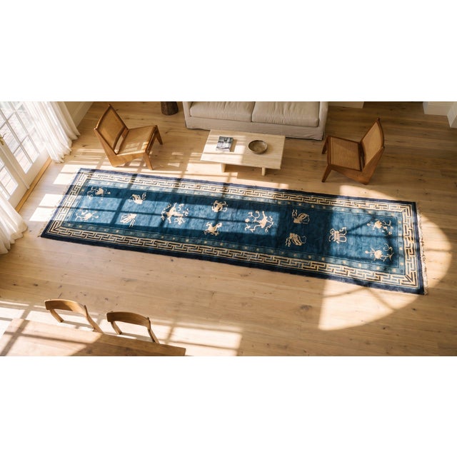 Blue Lovely Small Asymmetric Detail on Navy Background Color Antique Chinese Peking Rug For Sale - Image 8 of 9