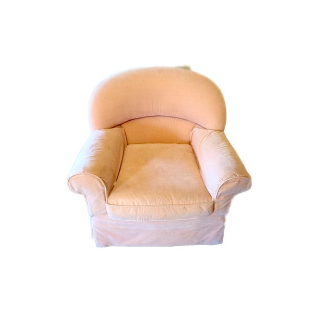 Custom chair upholstered with Grand Palais Petallina pink mohair from Old World Weavers. Rounded arms and back with loose...