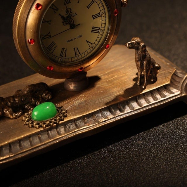 Vintage Bronze Table Clock Jeweled Bird & Dog Sculptural Desk Timepiece 4.3" For Sale - Image 9 of 9