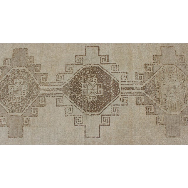 Tan Vintage Hand Knotted Turkish Oushak Runner With Geometric Design in Ivory, L.Brown and Taupe For Sale - Image 8 of 13