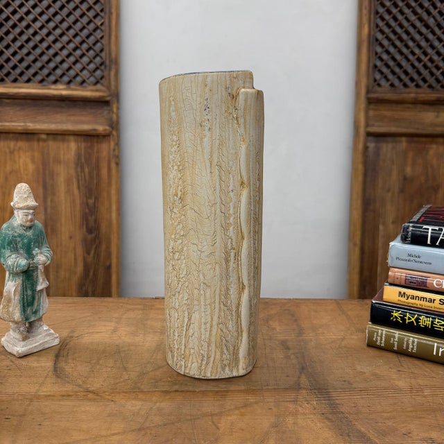 Rustic Textured Cream & Ochre Prem Vase with Blue Color Inside For Sale - Image 3 of 10