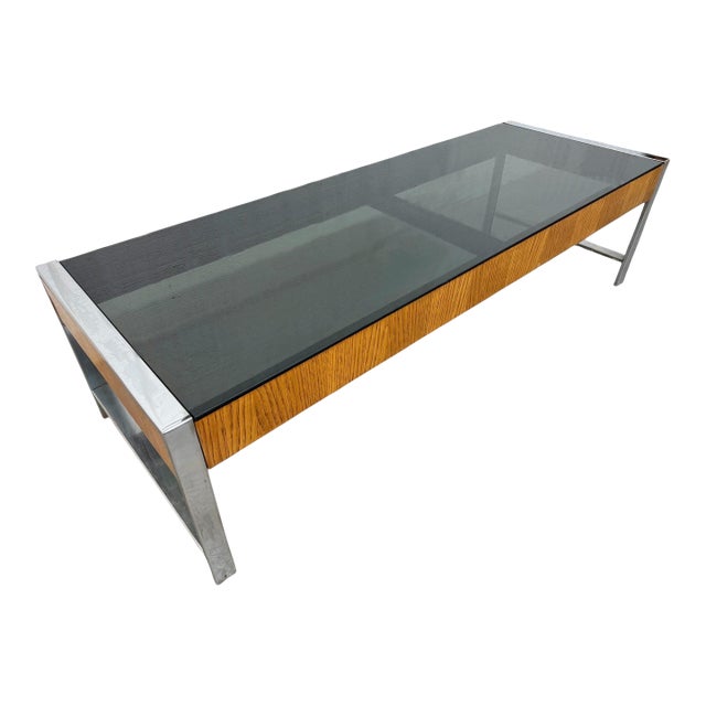 Mid-Century Modern Walnut & Chrome Smoked Glass Coffee Table For Sale