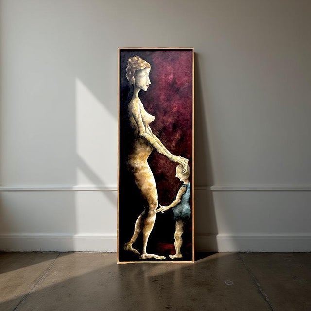 Very large original surrealistic oil painting on cotton canvas depicting nude mother with child. Canvas is stretched over...
