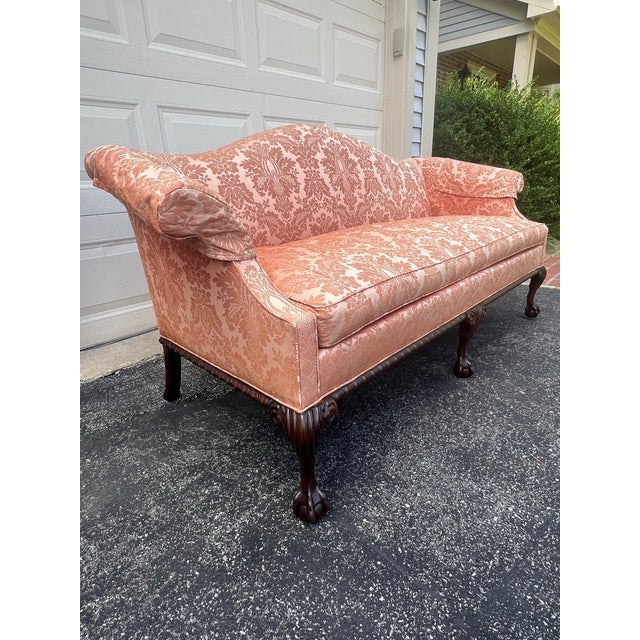 Chippendale Vintage Mid 20th Century Hickory Chair Chippendale Settee With Peach Silk Damask Upholstery For Sale - Image 3 of 12