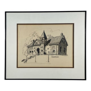 Vintage Architectural Ink Drawing Schoolhouse – Historic Building Illustration For Sale