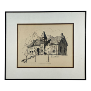 Vintage Architectural Ink Drawing Schoolhouse – Historic Building Illustration
