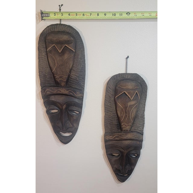 Pair of Hand Carved Wooden Tribal Face Mask Folk Art For Sale - Image 4 of 16