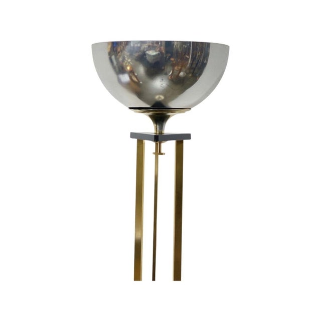 1980s Memphis Style Brass Chrome and Marble Torchiere Floor Lamp For Sale - Image 4 of 7