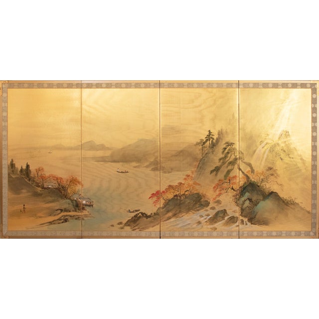 Stunning Japanese 4-panel painted silk Byobu (folding screen), depicting a graceful autumn landscape with mountains,...
