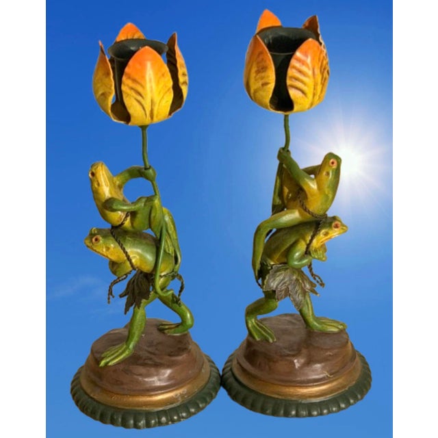 Metal Vintage Whimsical Pair of Bronze and Tole Frogs & Flower Candlesticks. For Sale - Image 7 of 7