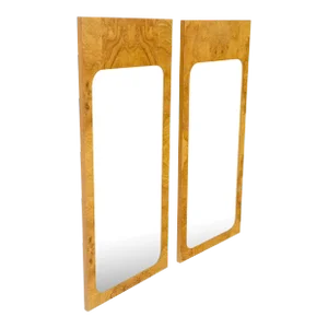 Burl Walnut Mid Century Modern Milo Baughman Rectangle Wall Mirrors - A Pair