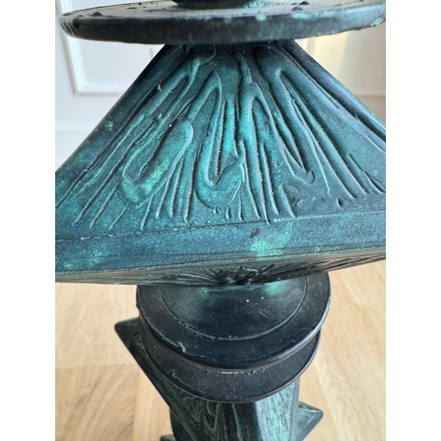 Mid-Century Modern Monumental Signed Modernist/Brutalist Sculptural Candlesticks in Verdigris Patinated Bronze, 1970s, a Pair For Sale - Image 3 of 12