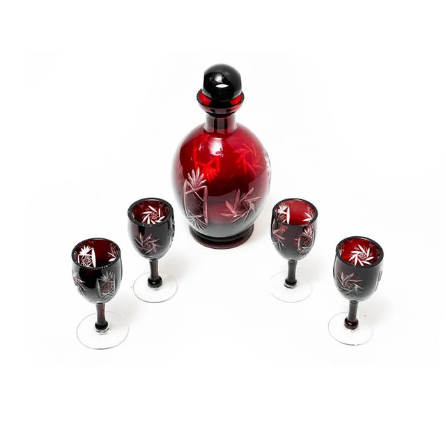 Victorian Mid-Century Bohemia Cut Crystal Ruby Red Etched Stemmed Cordial & Decanter Set - 5 Pieces For Sale - Image 3 of 4