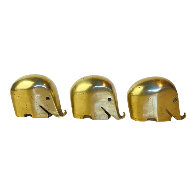 Set of 3 Vintage Solid Brass 'Drumbo' Elephant Paperweights, Dresdner Bank, Attributed to Luigi Colani For Sale