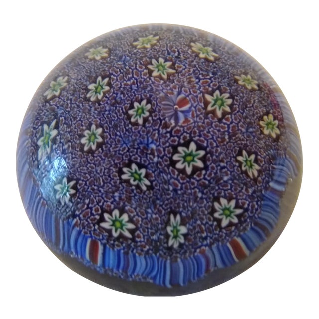 Vintage Millefiori Blue Murano Blown Glass Paperweight For Sale