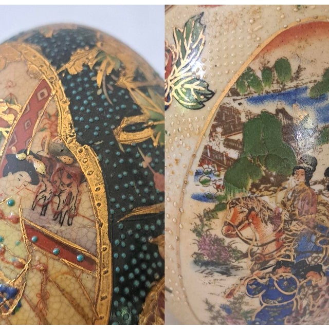 Vintage Pair Chinese Satsuma‑Style Hand‑Painted Porcelain Eggs 5" For Sale - Image 9 of 10