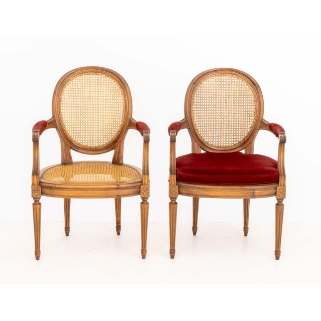 Wood Pair of Louis XVI Style Red Velvet Upholstered Cane Paneled Walnut Fauteuils For Sale - Image 7 of 13