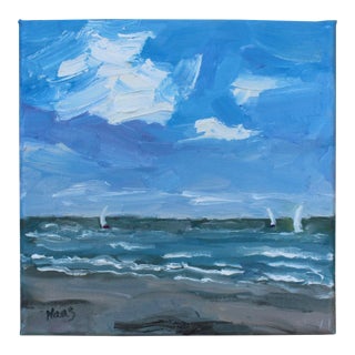 Quiet Places & Water Gardens — Sailboats at the Beach (Original Oil Painting) For Sale