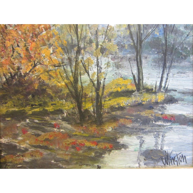 Canary Yellow 1960s Impressionist Autumn Landscape Oil on Board Signed Winston For Sale - Image 8 of 9