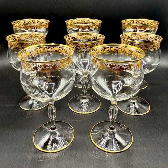 French Belle Époque Hand-Blown and Hand-Gilded Glass Champagne Coupes, Wine, Port and Liqueur Glasses, 1900s, Set of 18 For Sale - Image 16 of 18
