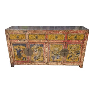 Antique Asian Hand-Painted Sideboard With Brass Hardware For Sale