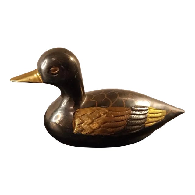 Vintage Carved Brass Duck Figurine For Sale