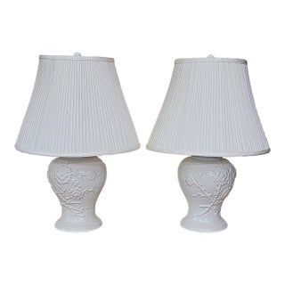Pair of Vintage White Ceramic Ginger Jar Table Lamps With Floral Relief & Diane Shades For Sale