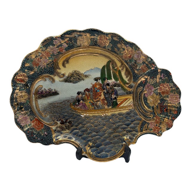 Vintage Satsuma Hand Painted Earthenware Platter With Scalloped Edges For Sale