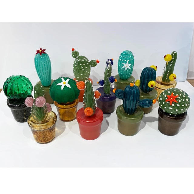 2000s Italian Teal Gold Green Murano Art Glass Cactus Plant With Yellow Flowers For Sale - Image 9 of 13