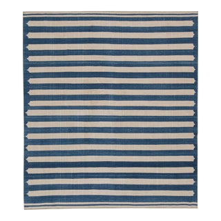 1950s Vintage Dhurrie Flat Weave With Blue and Beige Stripes by Rug & Kilim For Sale