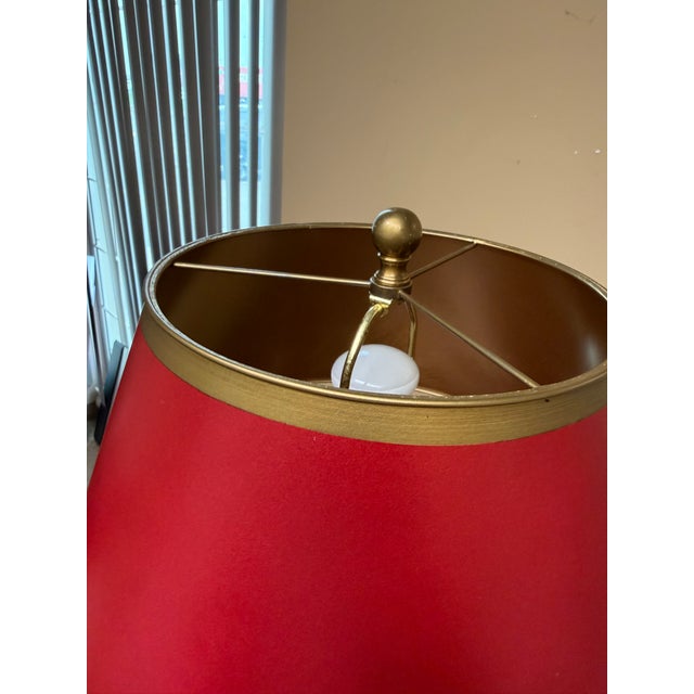 Neoclassical Neoclassical Solid Brass Table Lamp With Red Shade For Sale - Image 3 of 7