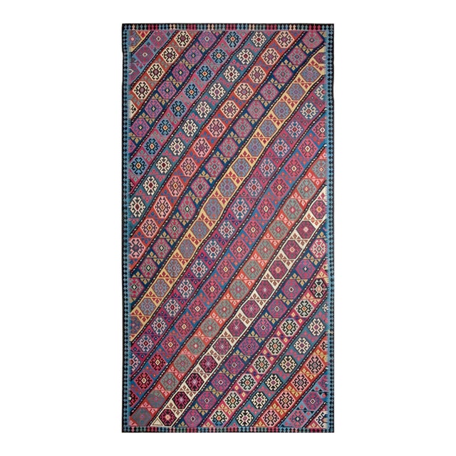 Striking Multicolor Ground in a Dynamic Pattern Antique Over-Size Caucasian Flat-Weave Rug For Sale