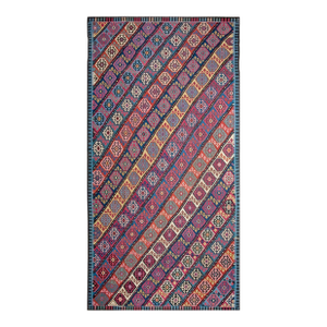 Striking Multicolor Ground in a Dynamic Pattern Antique Over-Size Caucasian Flat-Weave Rug