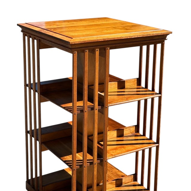 Wood Antique Arts & Crafts Walnut Three Tier Revolving Bookcase Excellent Condition For Sale - Image 7 of 12