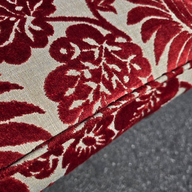 Pair of Late 20th Century Custom Upholstered Wingback Armchairs in Red and Ivory Floral Cut Velvet For Sale - Image 13 of 14