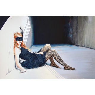 Intermission by Anna Hammer | Mixed Media Artwork of a woman in a black dress and mask sitting. For Sale