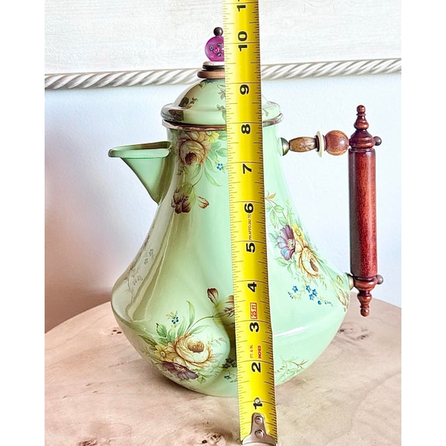 Vintage 1995 Camp Mackenzie Childs Green Floral Coffee Pot/Kettle With Wood Handle and Lid For Sale - Image 9 of 12